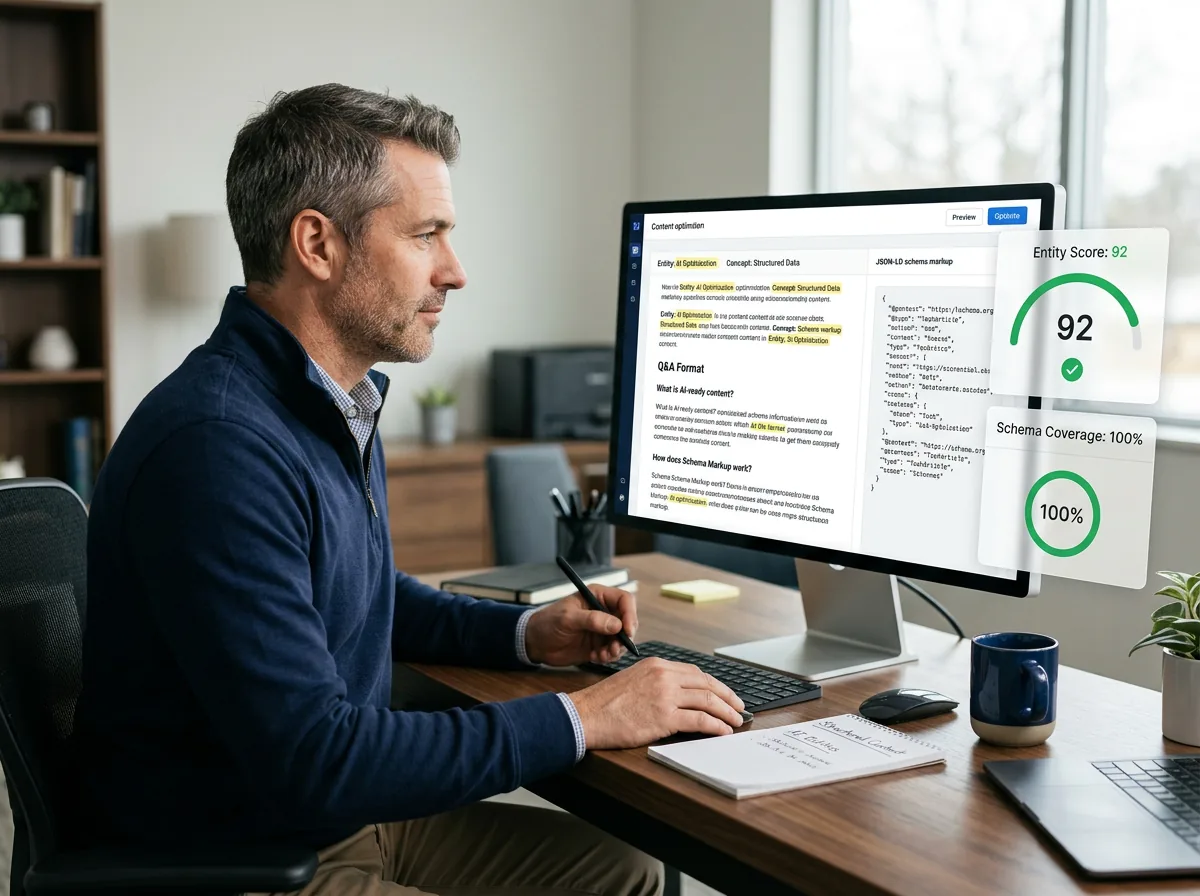 Content structuring process showing entity optimization and schema markup implementation