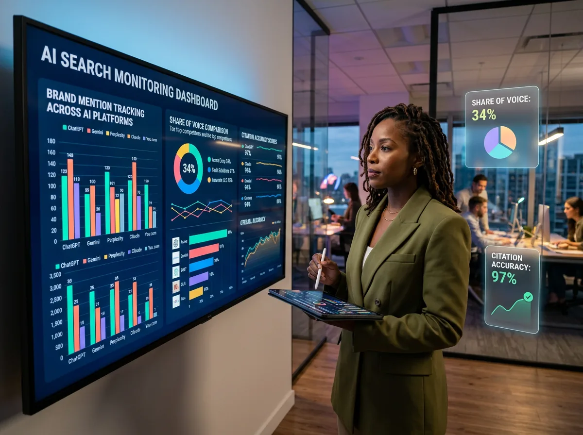 LLM visibility monitoring dashboard showing brand citation frequency across AI platforms