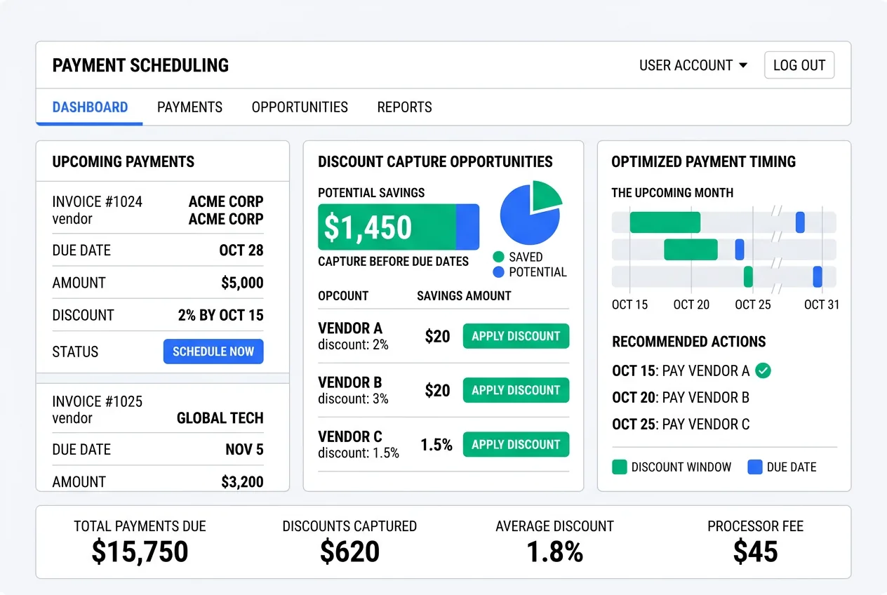 Payment scheduling dashboard showing discount capture opportunities and optimized payment timing