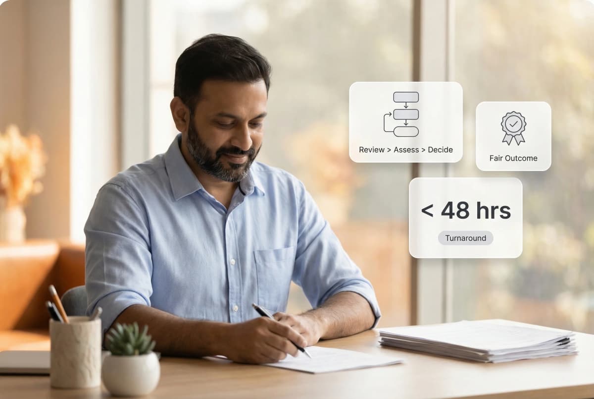 Claims adjudication workflow showing benefit rule application, fee schedule lookups, and payment calculation with escalation routing