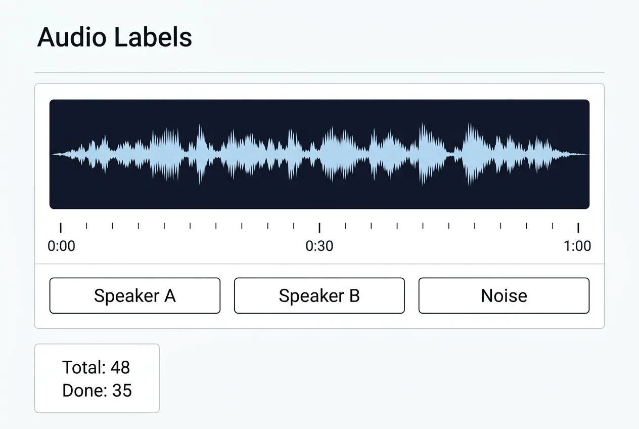 Audio annotation timeline showing speech segments labeled by speaker with emotion tags and transcription text overlay