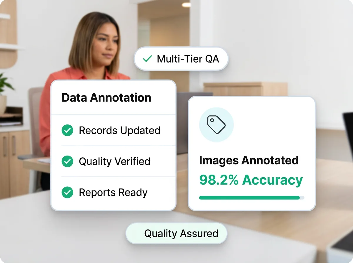 Data annotation interface showing bounding boxes and polygon annotations on images alongside text classification labels