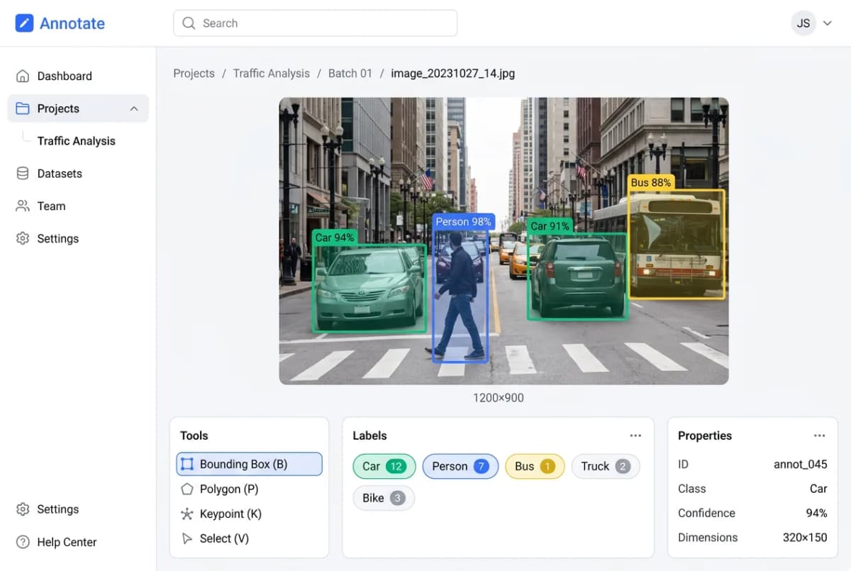 Image annotation workspace showing bounding boxes around vehicles and pedestrians with classification labels and confidence scores