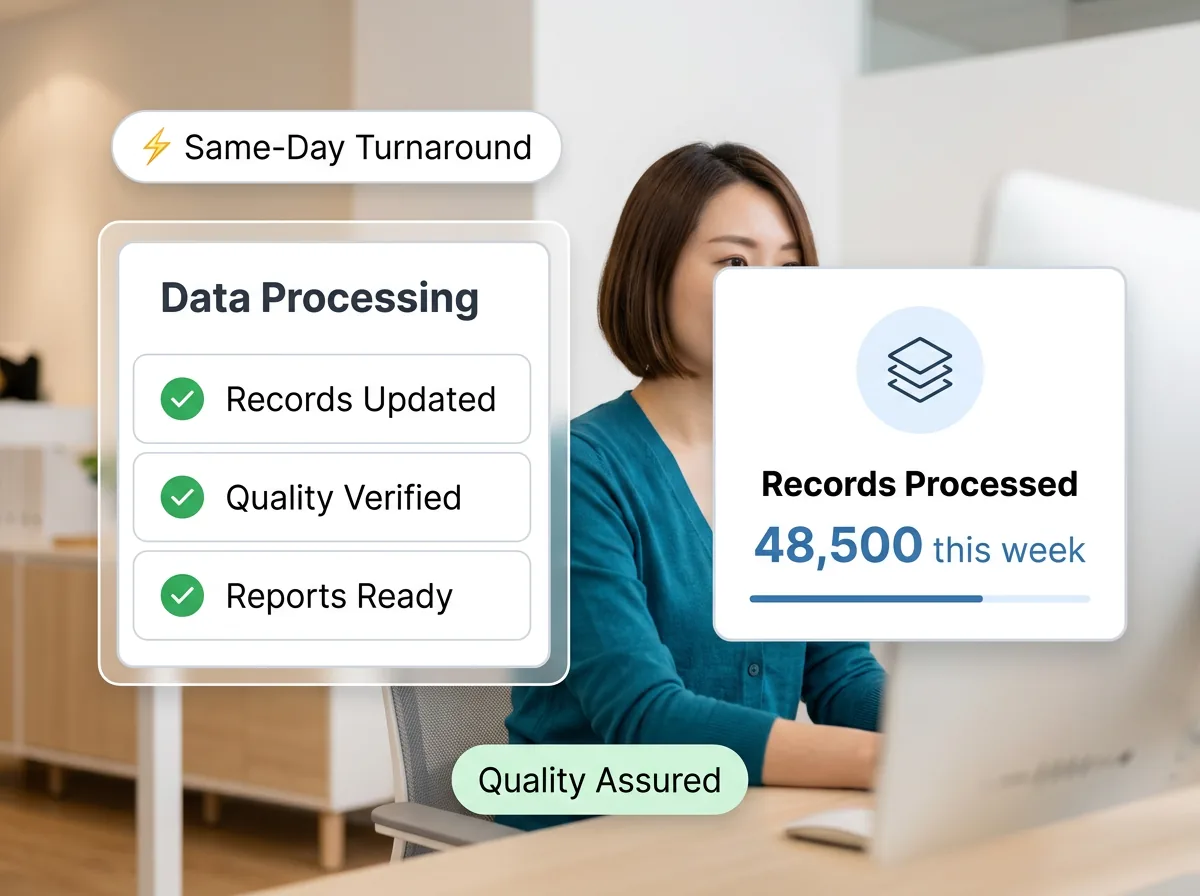 Data processing workflow showing raw documents being sorted, validated, and structured into clean organized datasets