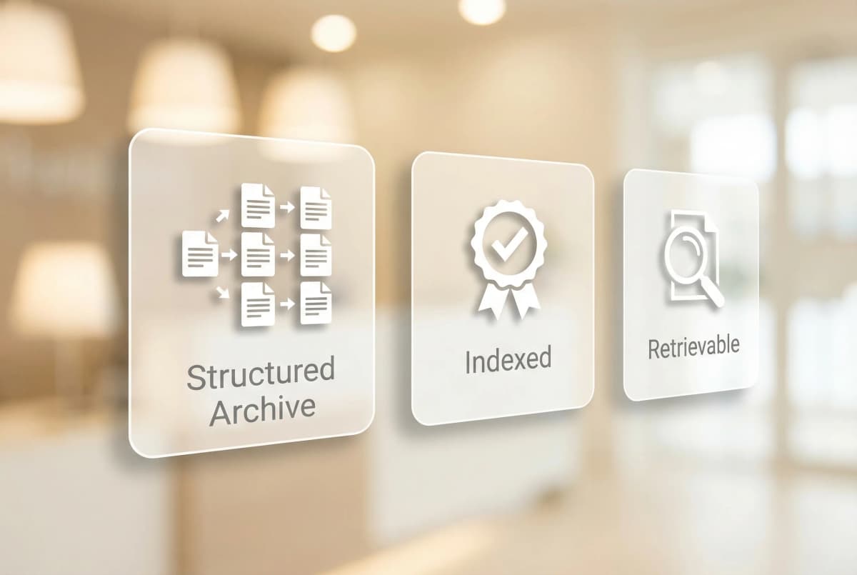 Document archival system showing organized digital repository with search functionality, metadata tags, and access controls