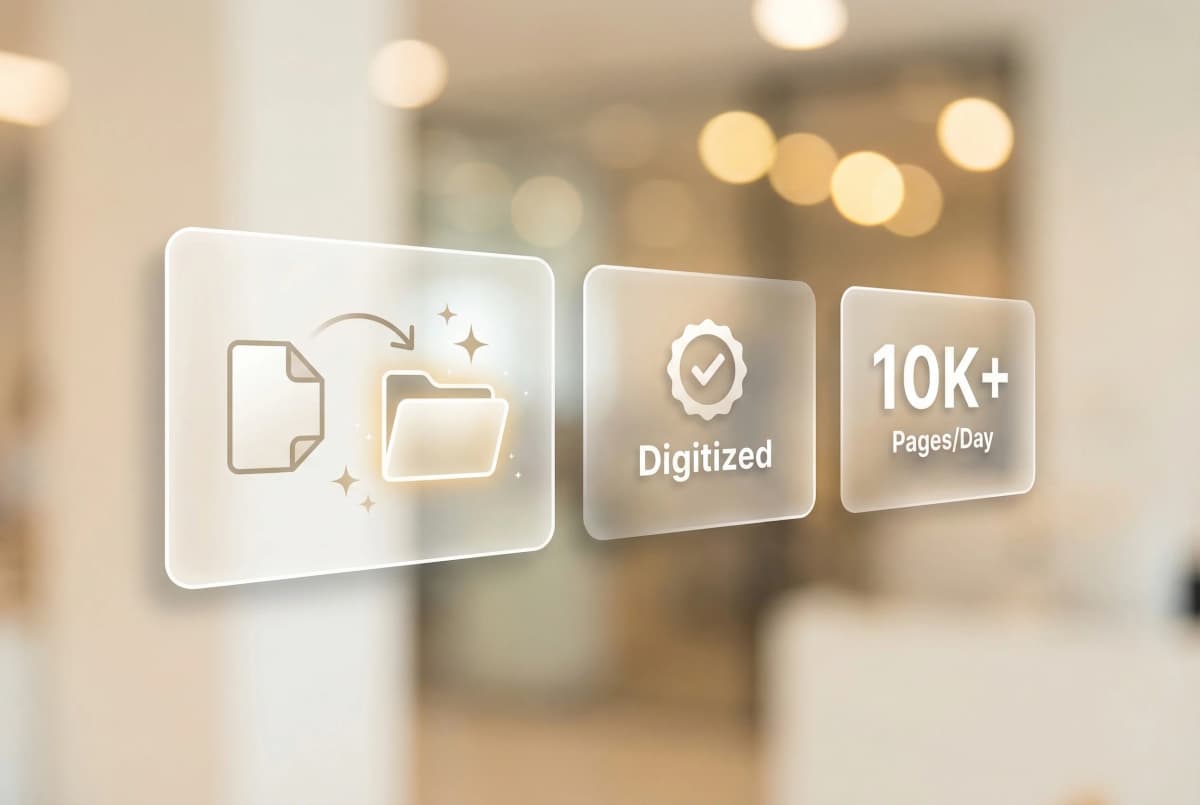 Physical documents being scanned and converted to high-quality searchable digital files with organized folder structures