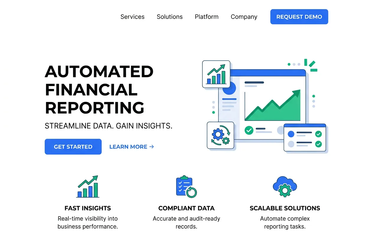 Financial reporting dashboard showing P&L statement, balance sheet, and cash flow analysis with monthly trend charts