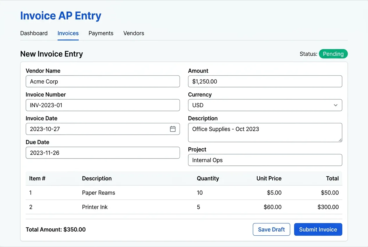 Accounts payable invoice being processed with vendor details, line items, and amounts entered into QuickBooks