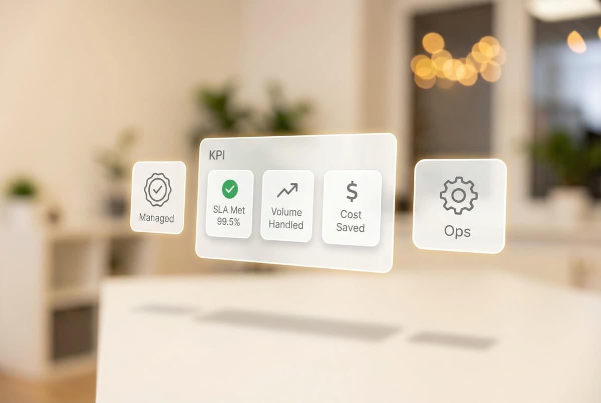 US-based account manager conducting performance review with outsourced team members on video call with productivity dashboards