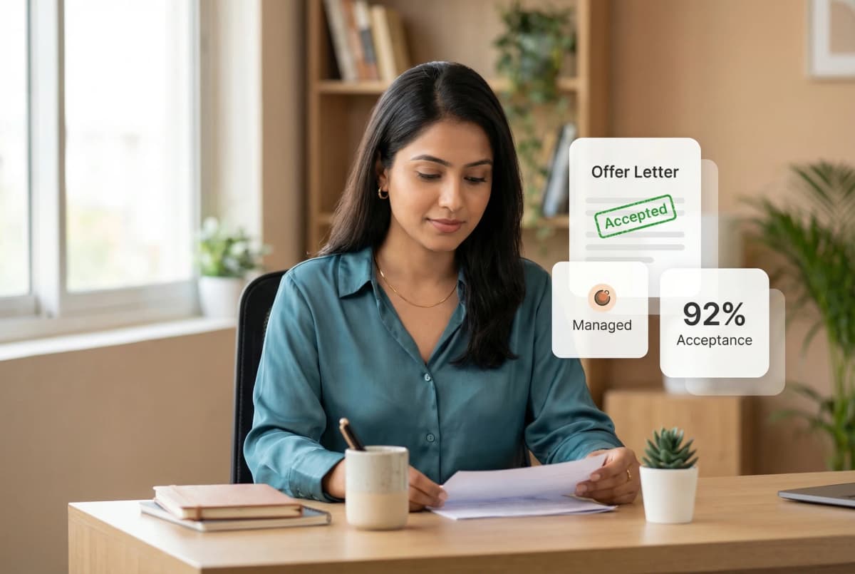 Offer management workflow showing offer letter generation, background check tracking, and pre-boarding candidate engagement timeline
