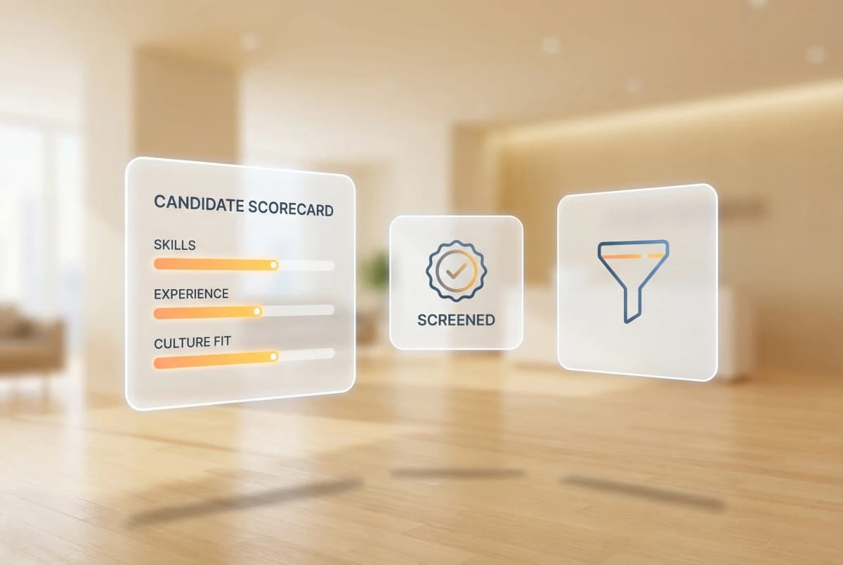 Resume screening workflow showing AI-assisted candidate filtering, qualification scoring, and shortlist generation for hiring managers