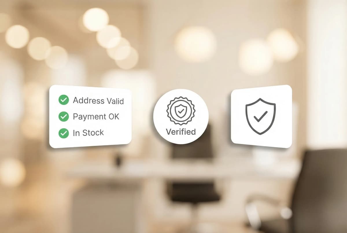 Order verification checklist showing address validation, payment confirmation, and inventory availability checks