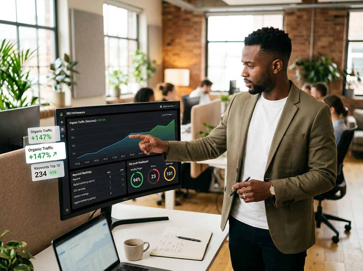 Acelerar SEO team analyzing search rankings and organic traffic growth on analytics dashboard