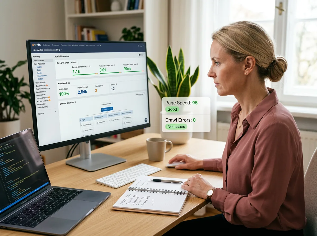 Technical SEO audit dashboard showing Core Web Vitals scores and crawl statistics