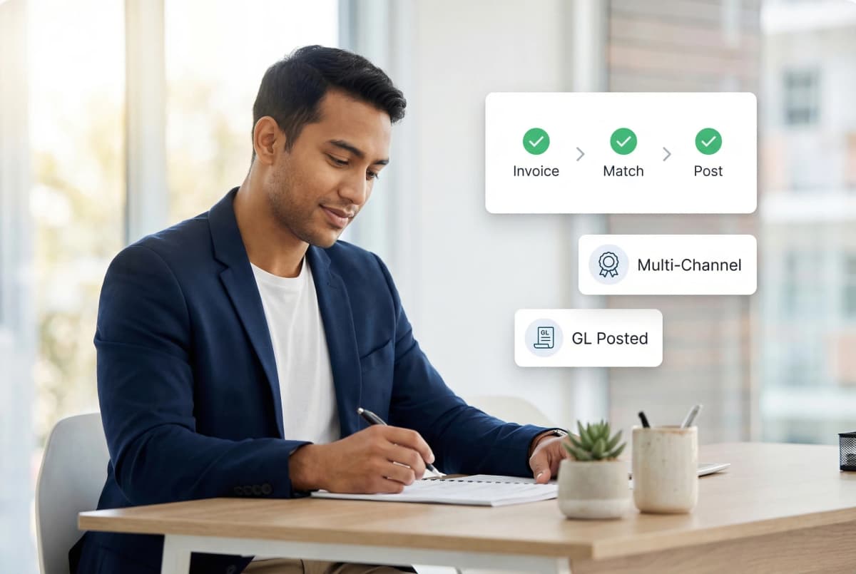 Payment recording workflow showing multi-channel payment capture, invoice matching, and ledger posting