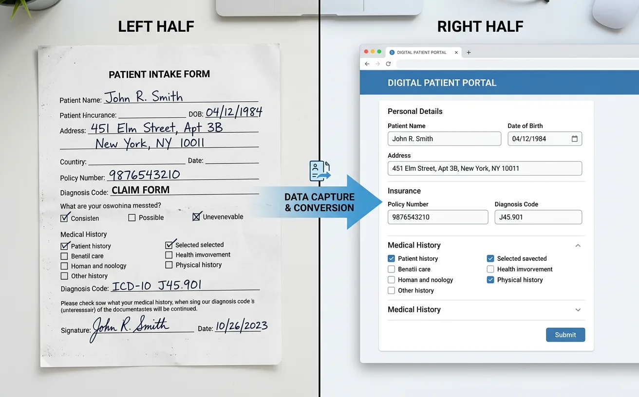 Split-screen showing handwritten patient intake form on left being converted to clean digital patient portal data on right