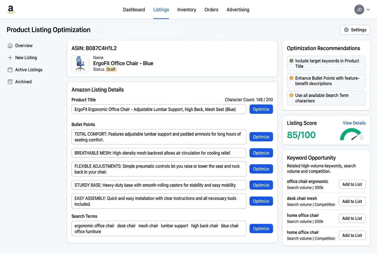 Amazon Seller Central new listing interface showing product title, bullet points, and search terms being optimized