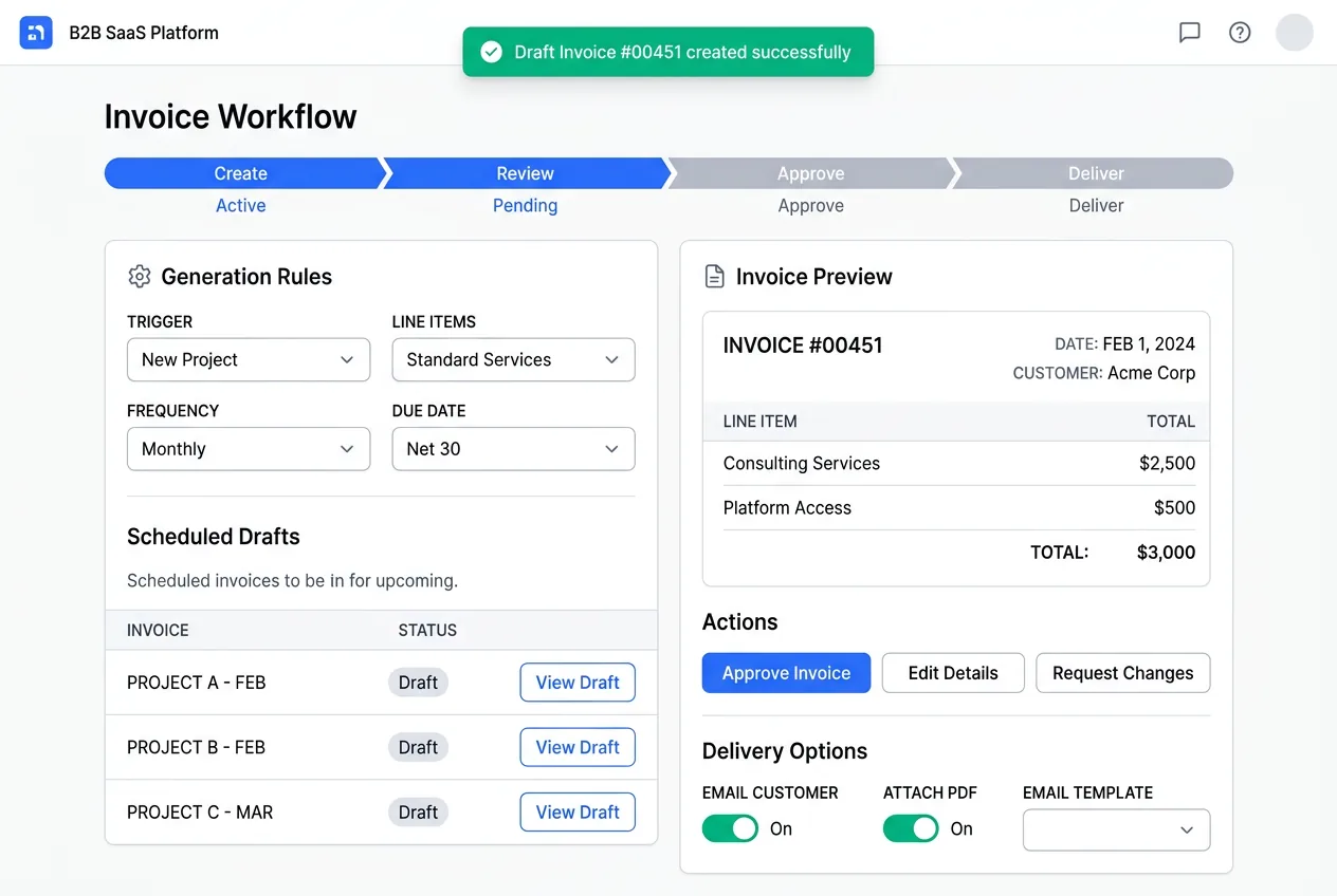 Invoice generation workflow showing automated creation, review, and delivery to customers