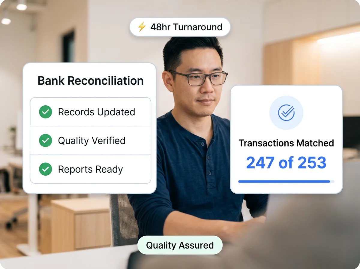 Bank reconciliation workspace showing matched transactions, exception reports, and multi-account balance verification