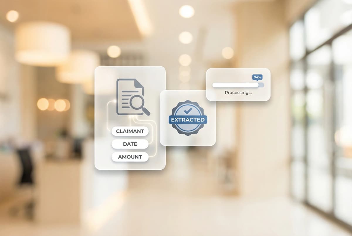 Claims intake workflow showing insurance claim forms from multiple channels being digitized with member, provider, and coding detail extraction