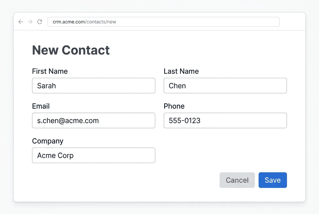 Salesforce contact record being created with complete company data, contact details, and lead source information