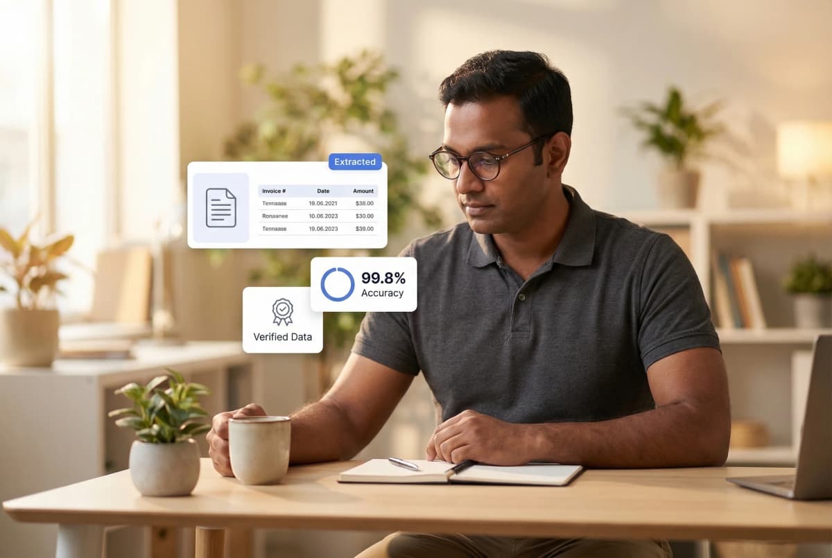 Invoice capture interface showing vendor invoices in multiple formats being processed into standardized line-item data with verification checkpoints