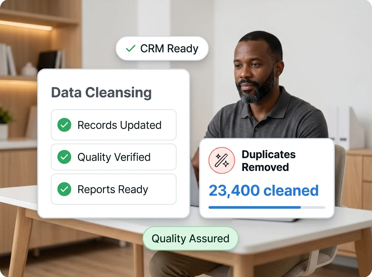 Database cleansing dashboard showing duplicate records being merged, formatting errors being corrected, and stale records being flagged