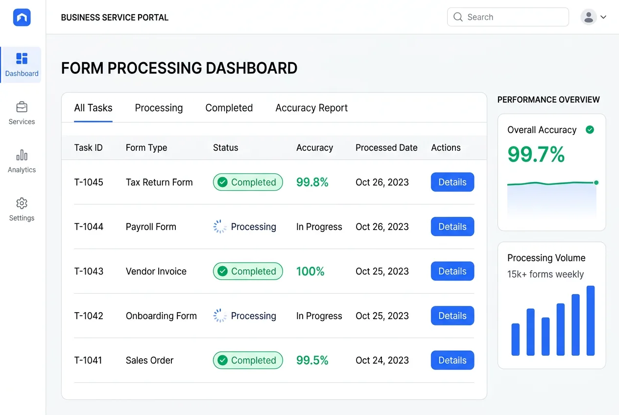 Professional team processing various business forms with high accuracy