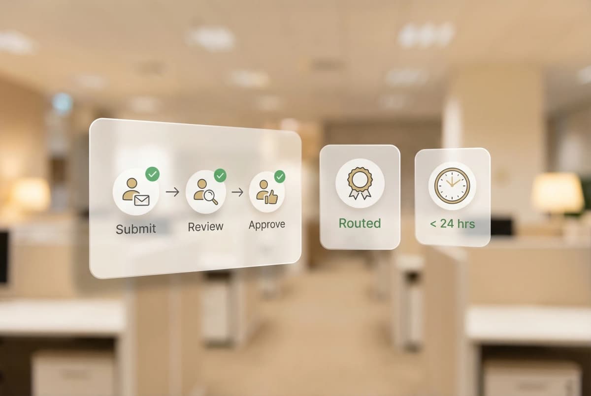 Invoice approval workflow showing automated routing rules by department, amount thresholds, and exception handling escalation