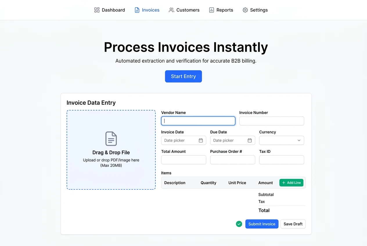 Invoice processing dashboard showing organized vendor invoices with amounts, due dates, and payment status tracking