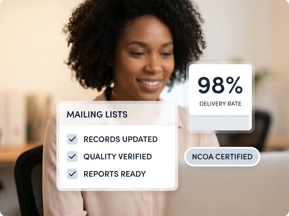 Mailing list management dashboard showing address records being compiled, verified, and standardized for direct mail campaigns