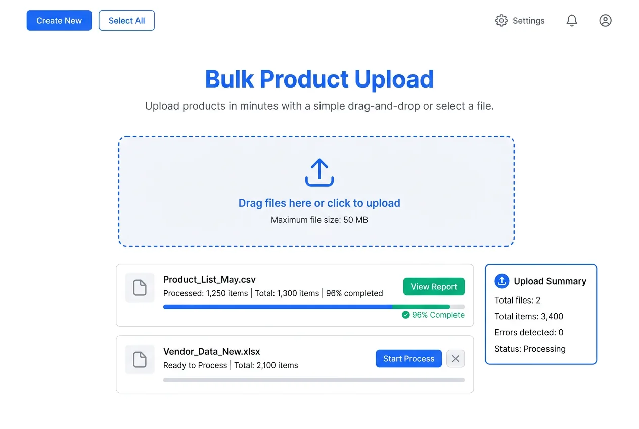 Multi-platform product upload dashboard showing products being uploaded to Shopify, Amazon, eBay, and WooCommerce simultaneously