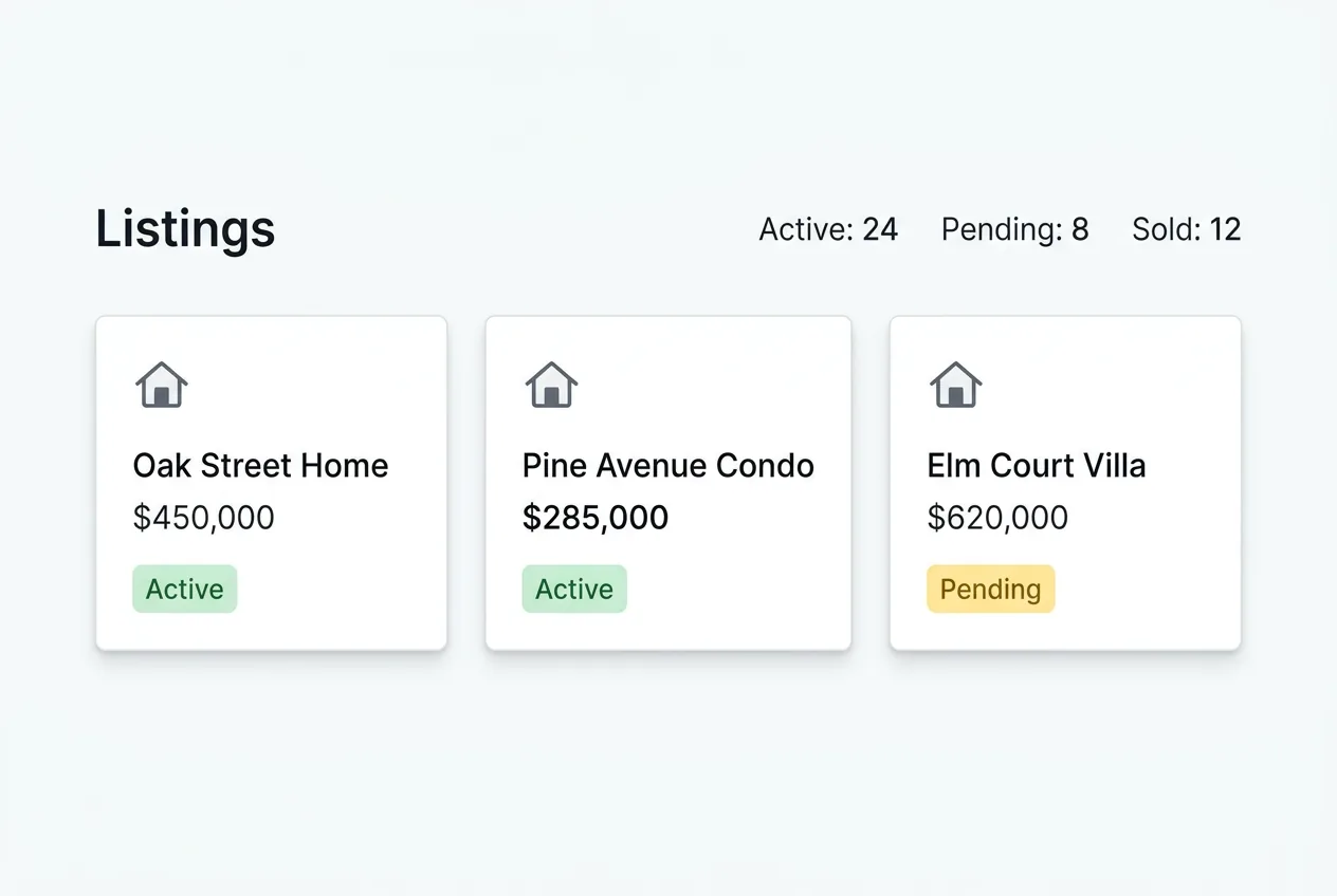 MLS listing management interface showing property details, photo uploads, and syndication status across multiple platforms