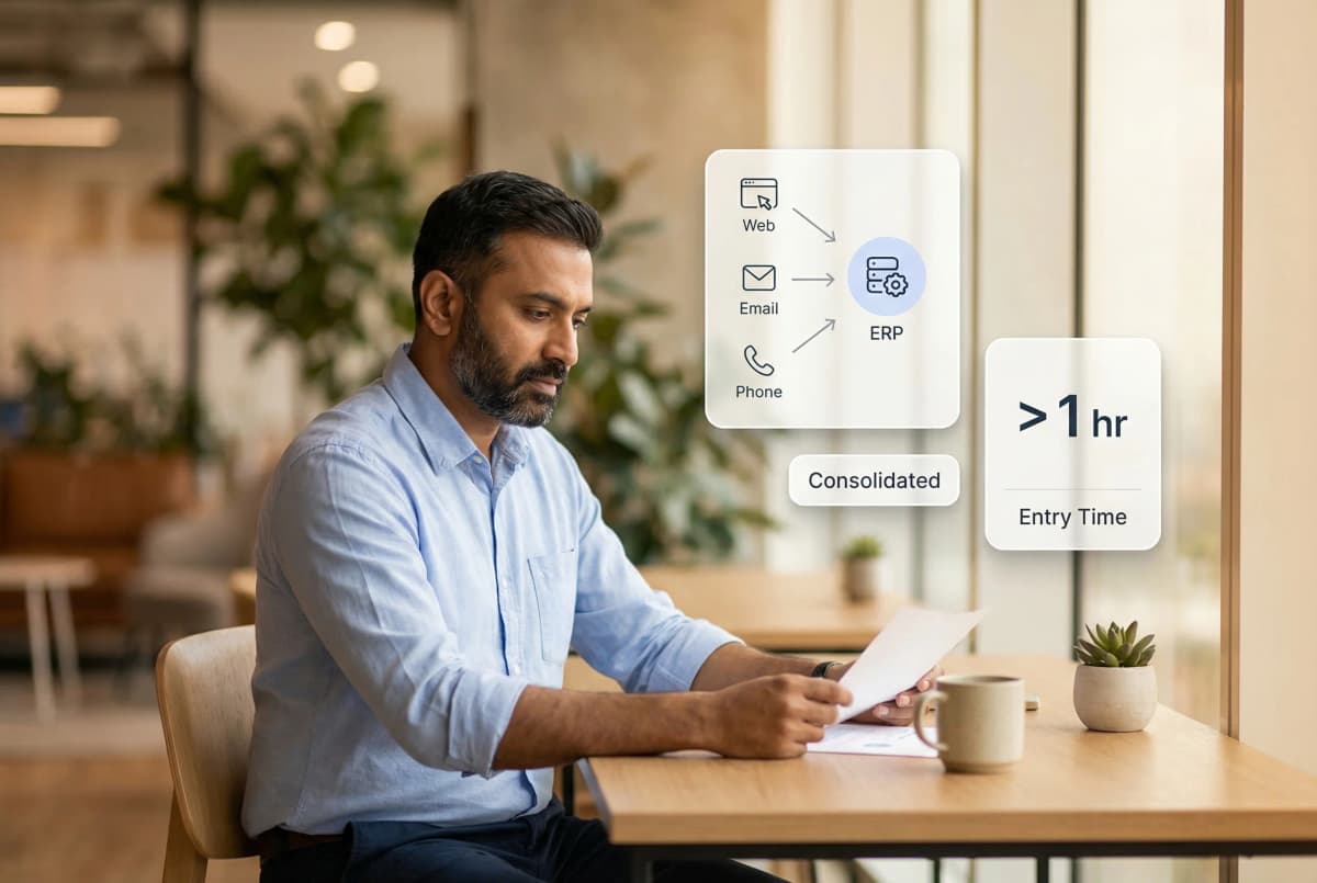 Multi-channel order consolidation workflow showing orders from website, marketplaces, and email flowing into a central ERP system