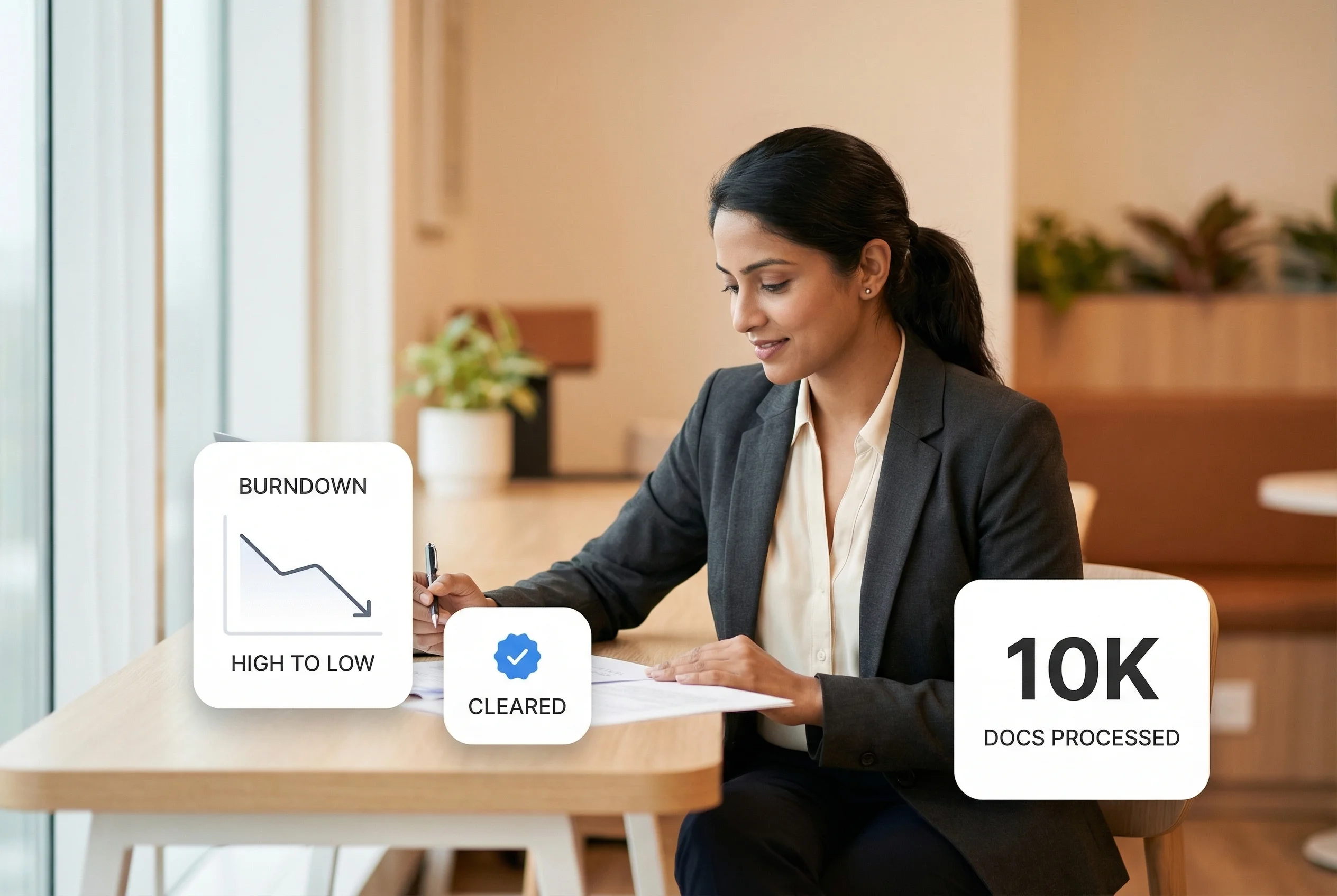 Legal document processing team clearing case backlogs and discovery volumes at scale