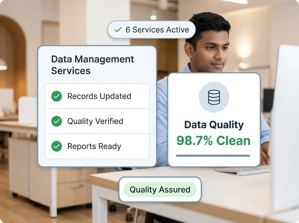 Data management dashboard showing database records being cleaned, organized, and validated across multiple connected systems